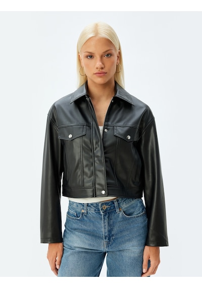 Koton Crop Suni Deri Ceket Fermuarlı Cepli Siyah 5sak20007ew Siyah