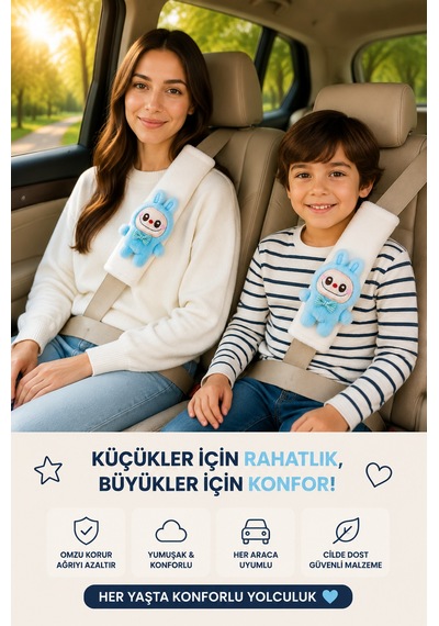 Labubu Mavi Emniyet Kemeri Aksesuarı - Emniyet Kemeri Kılıfı-araç Emniyet Kemeri Omuz Koruyucu 1 Adet