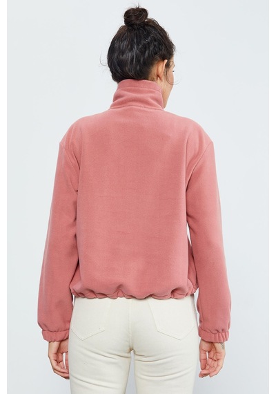 Tommy Life Yaban Gülü Yarım Fermuar Etek Ucu Büzgülü Kadın Polar Oversize Sweatshirt - 97171 Pembe