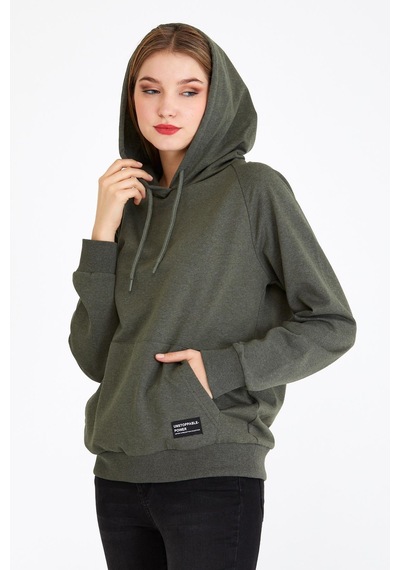 Comeor Kadın Haki Basic Kapüşonlu Regular Fit Rahat Sweatshirt 001