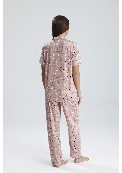 Kompedan Kadın Çiçek Desen Önden Düğmeli Pijama Takım Pembe Pmb Çiçekli