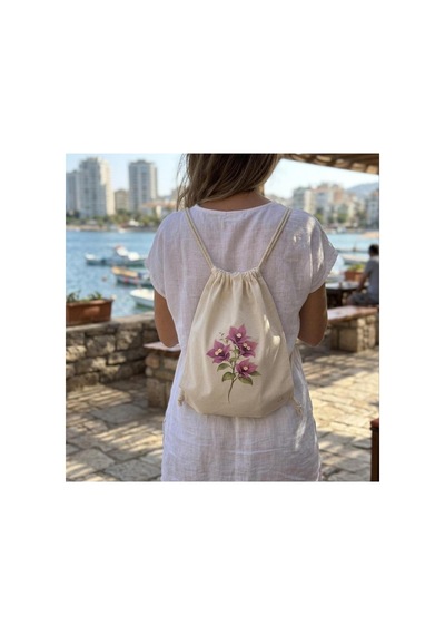 Hodie Collection Begonvil Baskılı Büzgülü Sırt Çantası İnce Hafif Bez Çanta 35x40 Ekru - 861636109 Ekru - 861636109 Ekru