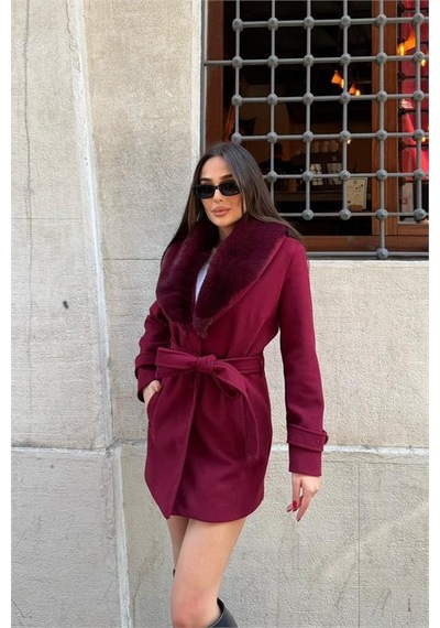 Neşeli Butik Kadın Cep Detaylı Kuşaklı Yaka Kürklü Kısa Kaşe Kaban Nbstr1019 Bordo