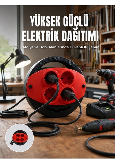 5 Metre Uzatma Kablolu 4 Prizli Makara Kırmızı - Lisinya 15 Metre