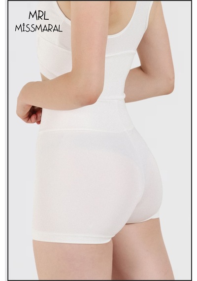 Missmaral Kadın Ekru Comfort Fit Yüksek Bel Toparlayıcı Mini Şort Boxer Likralı Kumaş Havuz Deniz Spor Ekru