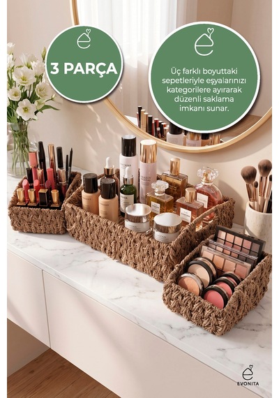 3'lü Rattan Düzenleyici Sepet Seti Büyük Küçük Hasır Görünümlü Organizer Saklama Sepeti Dekoratif Kahverengi