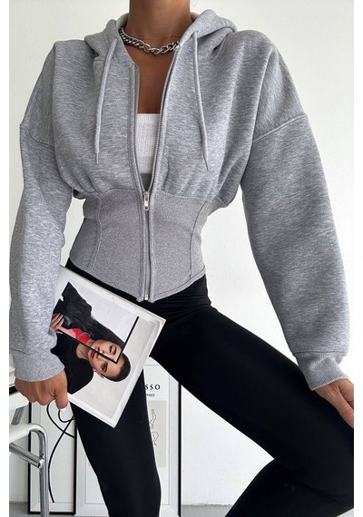Kadın Siyah Fermuarlı Hoodie Minimal Sokak Ruhuyla Gri