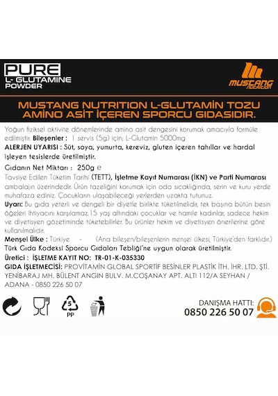 Mustang Nutrition Core+ Pure L-glutamine Powder 250 Gr Glutamin 50 Servis + Shaker + Protein Kahve Hediyeli Aromasız