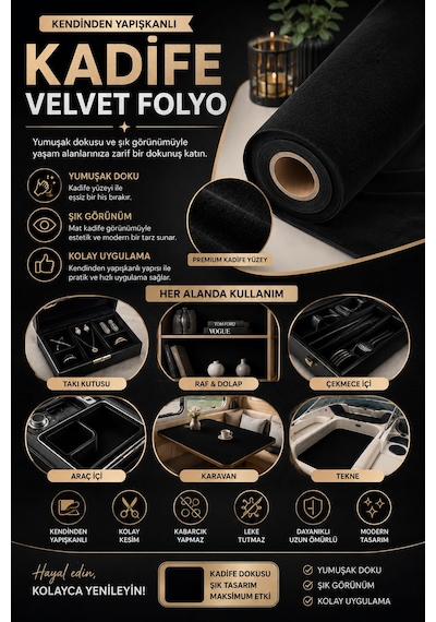 Kendinden Yapışkanlı 50cm X 1 Metre Siyah Süet Kadife Velvet Folyo
