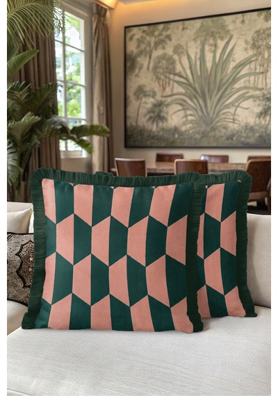 Geometrik Art Deco Kadife Saçaklı Yastık Kılıfı - Zikzak Bohem Pudra Siyah Püsküllü Kırlent Kılıfı Mavi