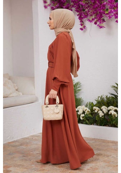 Neways 6583-Krep Elbise Taba
