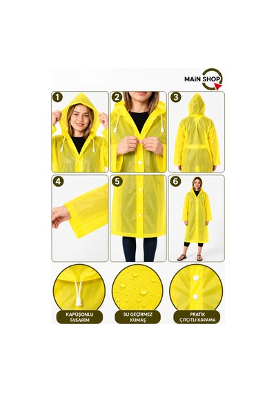 Mainshop Unisex Yağmurluk Kapüşonlu Çıtçıtlı Su Geçirmez Uzun Yağmurluk Kadın Erkek Sarı
