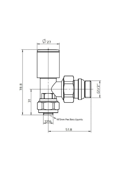 Fause Radyatör Havlupan Vanası Köşe Tip Pex 16 2mm Siyah Kvn102-b