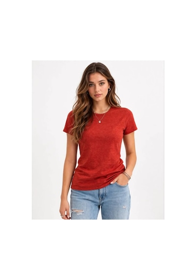 Butik İstanbul Flam Kumaş Melanj Dokulu Regular Fit Tişört Bisiklet Yaka Yazlık T-shirt - Kiremit