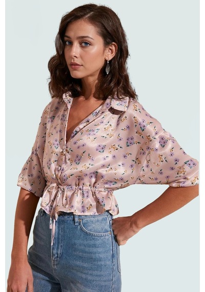 Ersefa Çiçek Desenli Saten Bluz Kadın Crop Düğmeli 100% Polyester Daya Pudra