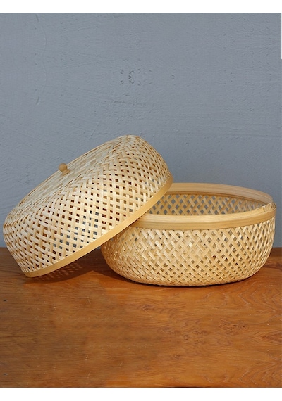 Bohem Dekoratif Kapaklı Bambu Kutu, Sepet, Iskandinav, Modern, Bohem, Rattan Bej