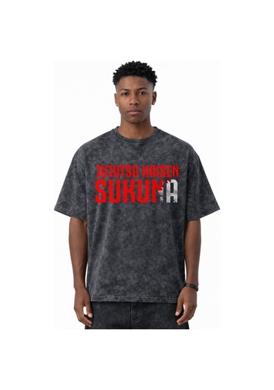 Jujutsu Kaisen Sukuna Anime Baskılı Unisex Oversize Eskitme Yıkam Siyah