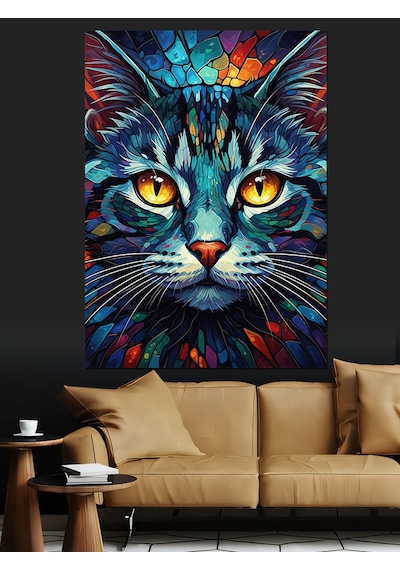 Ahşap Tablo Neon Renkli Kedi Portresi