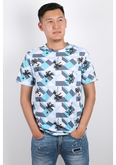 Rich Erkek Bisiklet Yaka Baskılı T-shirt %100 Pamuk Tişört Mavi