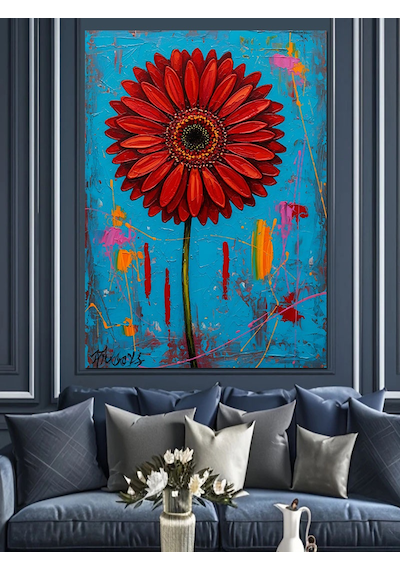 Ahşap Tablo Kırmızı Çiçek Soyut Sanat