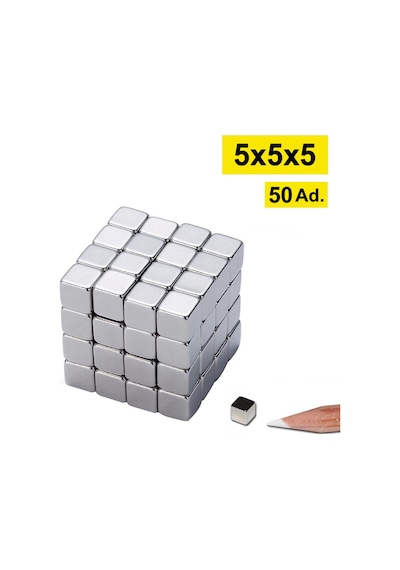 50 Adet - Küp Neodyum Mıknatıs, 5x5x5 Mm, Güçlü Magnet, N35 Kalite