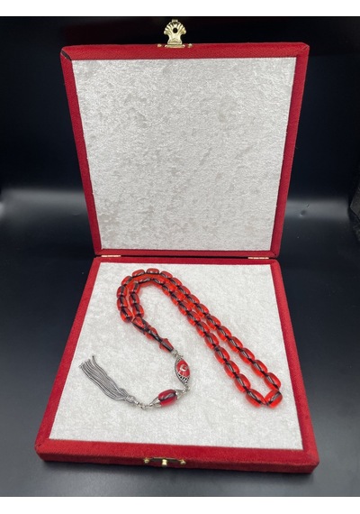 925 Ayar Gümüş Püsküllü Ateş Kehribar Tespih 11x8 Mm