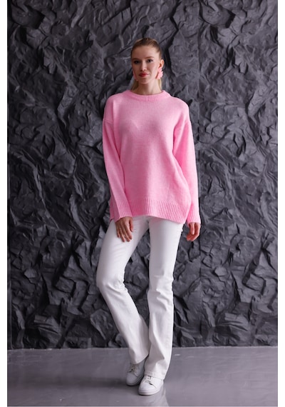 Qscob Bisiklet Yaka Oversize Basic Triko Kazak Pembe