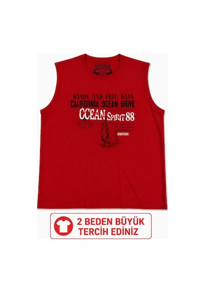Büyük Beden Kolsuz Yuvarlak Yaka Baskılı Erkek Tishirt Atlet Kırmızı
