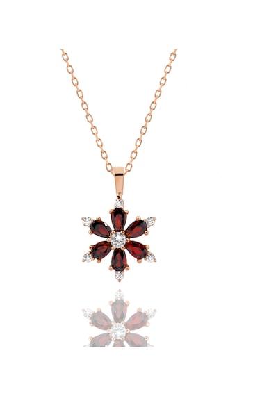 Kamelya Serisi Kırmızı Garnet Lal Zirkon Taşlı Çiçek Kolye 925 Ayar Gümüş Zincirli Kolye Rose