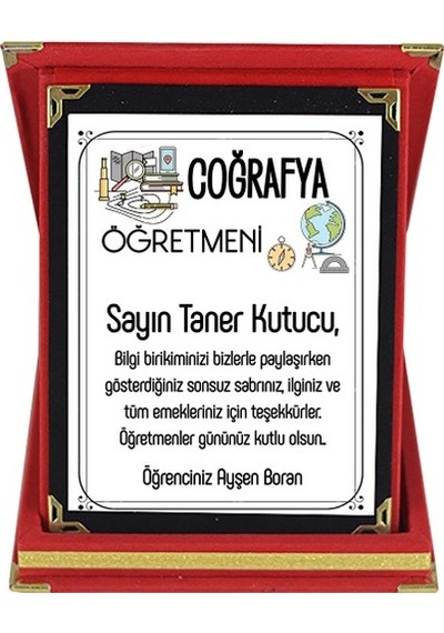 Coğrafya Öğretmenine Hediye Isim Baskılı Plaket