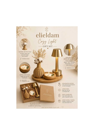 Doğum Günü, Özel Gün, Yeni İş, Yeni Ev Hediyesi Rattan Vazo, Soya Wax Mum Ve Şarjlı Masa Lambası Premium Set