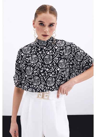 Sateen Kısa Kol Desenli Bluz - Siyah-135898 Siyah