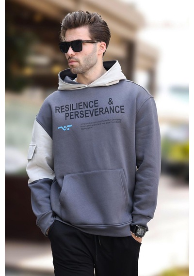 Madmext Füme Kapüşonlu Cep Detaylı Baskılı Erkek Sweatshirt 7058-füme Füme