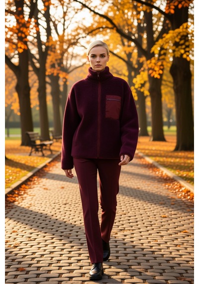 Benerly Kadın Dik Yaka Düşük Kol Tam Fermuarlı Peluş Sweatshirt Fonksiyon Mürdüm