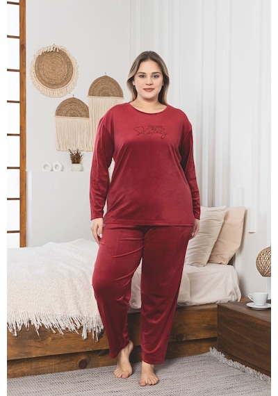 Büyük Beden Kırmızı Likralı Soft Kadife Pijama Takımı Kırmızı