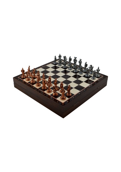 Gifthome Orta Boy Metal İspanyol Satranç Takımı Antik Ve Ceviz Desenli Sandıklı Mdf Tahtası 36x36x6 Cm.