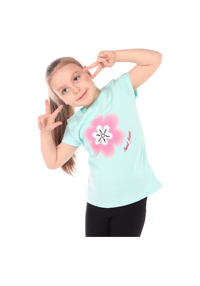 Toontoy Kids Kız Çocuk Baskılı Bisiklet Yaka Kısa Kollu Tişört Mint Yeşili