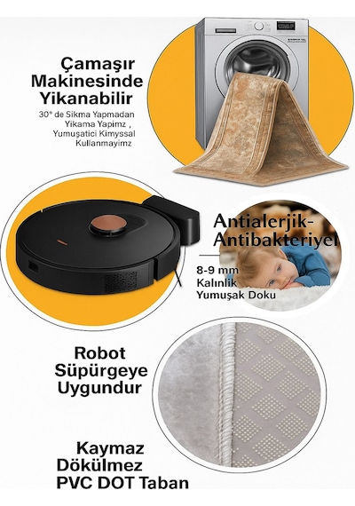 Krem Dijital Baskı Halı Kaymaz Tabanlı Yıkanabilir Halı Yolluk Salon Halısı123