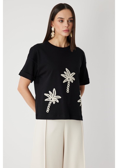 On Kadın Desenli Sıfır Yaka T-shirt 71362 Siyah Siyah
