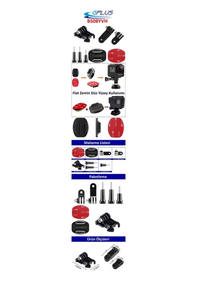 Gplus Bs08yvh 8 Parça Flat Zemin Düz Yüzey Vidalı Hızlı Tak 3 Yollu Aksiyon Kamera Uyumlu 3m Yapışkan Motor Kask Bağlantı Seti Siyah