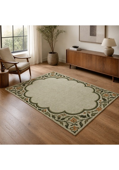 Kartela Halı Bulut Çerçeveli Klasik Halı Zeytin Kaymaz Taban Makinede Yıkanabilir 100x150 Cm