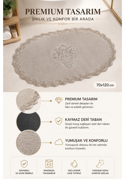 Vizon Dantelli Kaymaz Taban Banyo Paspası Güpürlü Yıkanabilir Banyo Takımı Venecca pudra