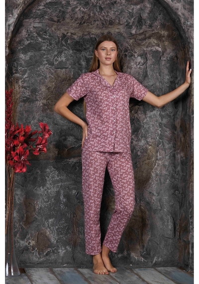 Yazlık Çiçekli Pembe Kısa Kol Pijama Takımı Yeni Sezon SOMON