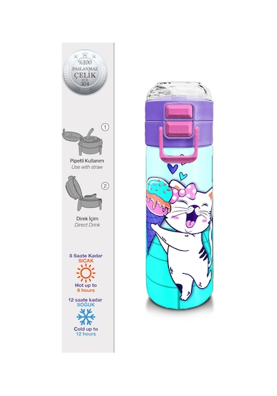 Coral High Kids Turkuaz Pembe Dondurmalı Desenli Pipetli Ve Direkt İçim Çelik Termos 500 Ml 31952 Turkuaz - Mor