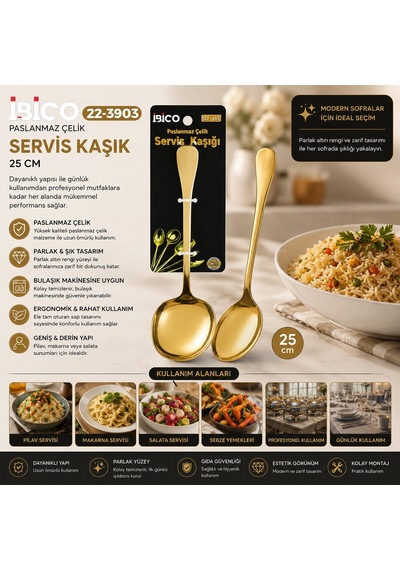 İbico İ22-445 25cm Gold Altın Metal Servis Kaşık - 12'li Paket Diğer