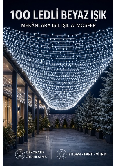 100 Led Beyaz Yılbaşı Işığı 10 Metre 8 Modlu Animasyonlu Eklenebilir Dekoratif Aydınlatma Işık Seti