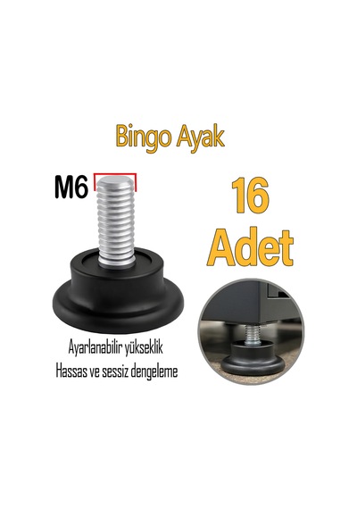 16 Adet Bingo Rotil Ayak Ayakları M6 Civatalı 6 Mm Siyah Profil Ayağı 2.5 Cm