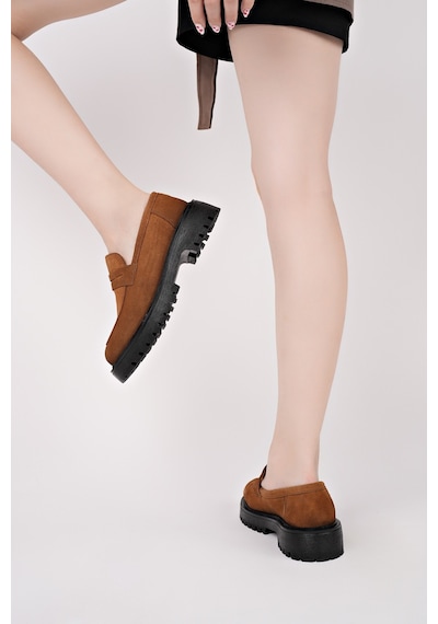 Muggo Paradise Hakiki Deri Kalın Taban Günlük Casual Makosen Kadın Loafer Ayakkabı Taba Süet