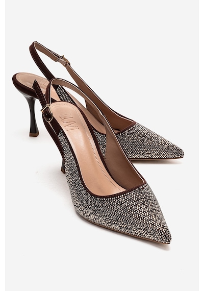 Luvishoes Johanna Kahverengi Altın Taşlı Kadın Topuklu Ayakkabı Kahverengi