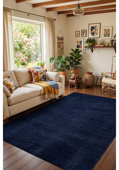 Valerıa Vlr01n Lacivert Dekoratif Şönil Kilim Modern Desen Yıkanabilir Yumuşak Kaymaz Taban Halı